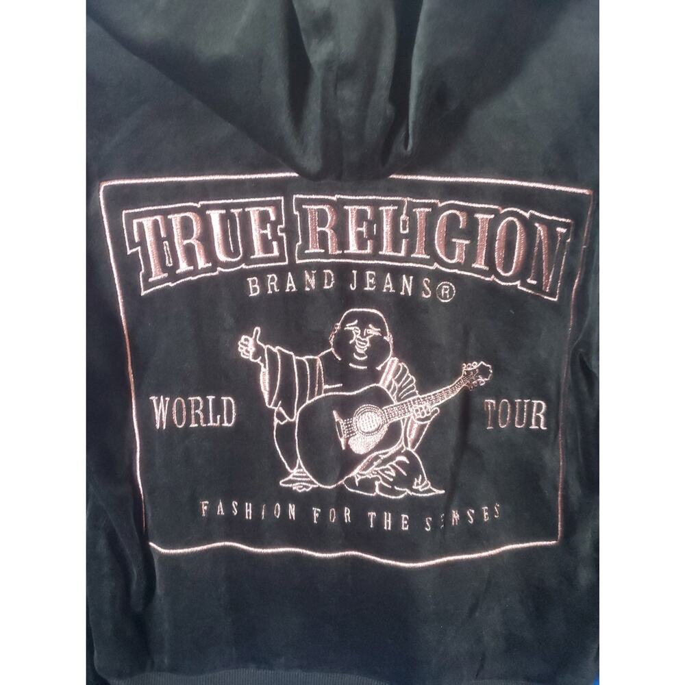 True Religion Womens Velour Zip Up Hoodie Black Pink Crystal Buddha Shrunken XS - Picture 7 of 16